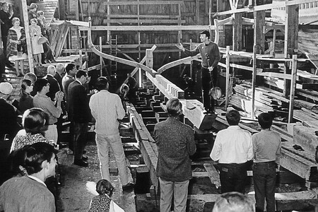 In celebration of the boat's construction, Pete Seeger visited Harvey Gamage shipyard in 1968 and performed for a small crowd. 