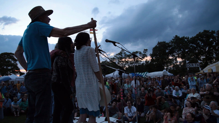 Despite a massive overhaul, the boat made back in the water for the Great Hudson River Revival. In this image, Pete Seeger performs the closing ceremony along with Joanne Shenandoah.